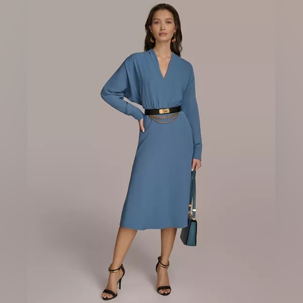 NWT Donna Karan Blue V-Neck Long Sleeve Midi Dress, Size 8 (NO BELT)